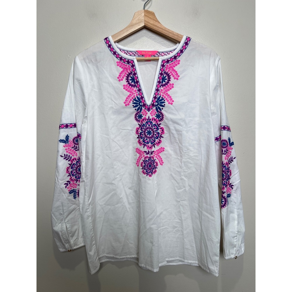 Lilly Pulitzer White Tunic with Pink & Blue Embroidery